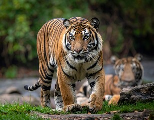 Fototapeta premium Majestic, close-up portrait of a tiger confidently walking towards the camera, with another tiger subtly in the background. Striking orange and black stripes