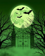Green Haunted Gate with Bats Under a Full Moon