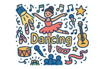 Joyful Dance Celebration. Dancing. Hand-drawn doodle illustration of Dancing. ballerina, spotlight, stage,