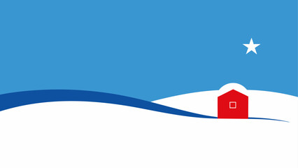 Minimalist winter landscape with red house and star