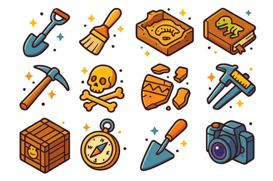 Colorful Archaeology Icons. Archaeology. Colorful isometric vector icons set of archaeology: shovel, brush, excavation site, explorer?s notebook, pickaxe,