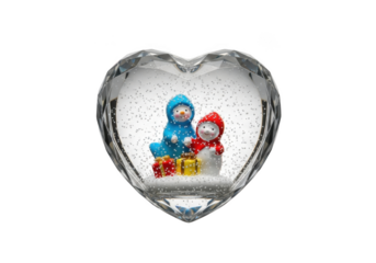Heart shaped snow globe with two snowmen and gifts inside, winter holiday decoration, christmas ornament, isolated on transparent background