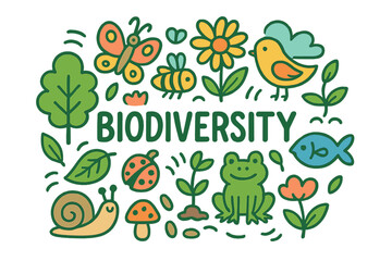 Fototapeta premium Colorful Biodiversity Doodle. Biodiversity. Hand-drawn doodle illustration of Biodiversity. Butterfly, bee,