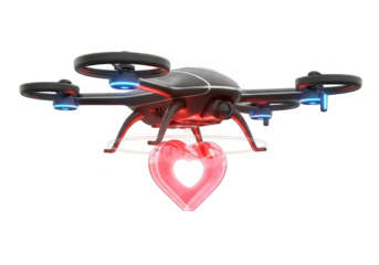 Drone delivering love heart, valentine's day concept, aerial delivery, modern technology, romance, gift, present, flying, futuristic isolated on transparent background