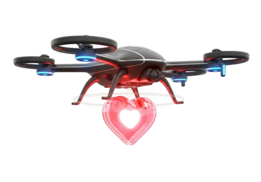 Drone delivering love heart, valentine's day concept, aerial delivery, modern technology, romance, gift, present, flying, futuristic isolated on transparent background