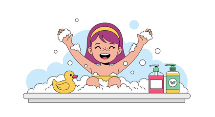 Naklejka premium A happy little girl enjoys a bubbly bath time with a rubber ducky and bath products.