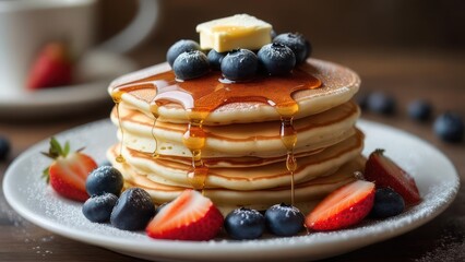 Stack of pancakes drizzled with syrup, topped with blueberries and butter, surrounded by strawberries and blueberries on a plate