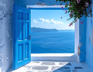 Bright blue doorway opens to the sea view on a sunny day