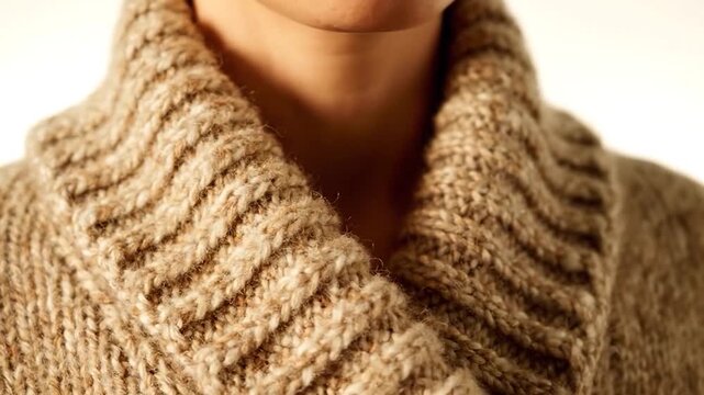 Close up of a person wearing a knitted sweater with a textured collar.