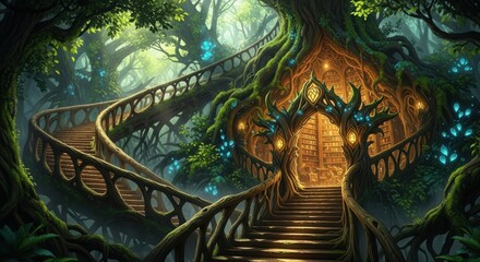 Fototapeta premium Enchanted forest staircase leading to a magical glowing entrance within a giant tree