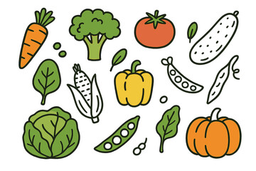 Colorful Vegetable Doodles. Vegetables. Hand-drawn doodle illustration carrot (colored), broccoli, tomato (colored), cucumber, spinach (colored), corn, bell