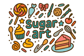 Playful Sugar Art. Sugar art. Hand-drawn doodle illustration of Sugar art. Candy, lollipop, icing swirl,
