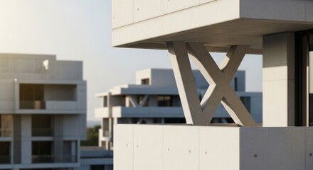 Modern concrete building with angular supports. Sunlight bathes the exterior of multiple structures, highlighting architectural details. Clean lines, geometric shapes