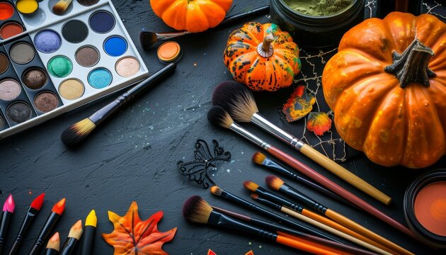 Vibrant halloween makeup tutorial setup featuring brushes, palettes, and a mirror for creative looks