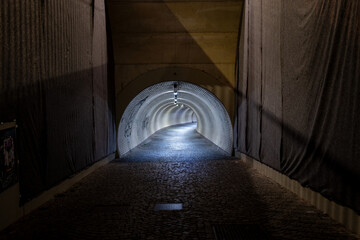 Prague, Czech Republic - 10.17.2025: Zizkov Tunnel Karlin Tunnel at night