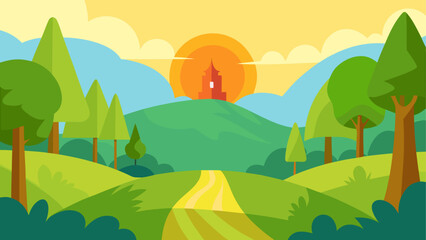 Obraz premium Stylized landscape with a tower at sunset