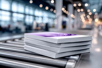 Brochures moving on conveyor belt in printing factory
