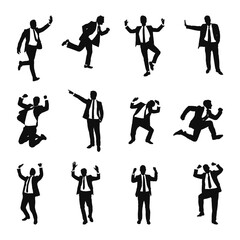 Dynamic vector silhouettes of diverse business professionals illustrating various actions, poses, and energetic expressions for corporate designs and concepts