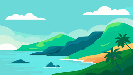 Serene tropical island landscape with lush green mountains and palm trees