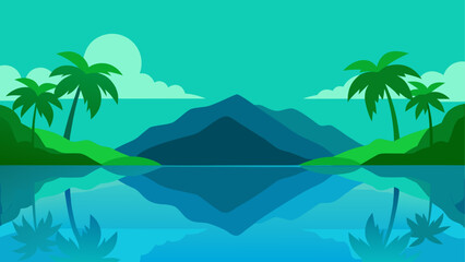 Serene tropical landscape with mountains and palm trees reflected in water
