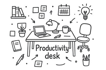 Doodle Productivity Desk. Productivity desk. Hand-drawn doodle illustration of Productivity desk. Desk, chair,