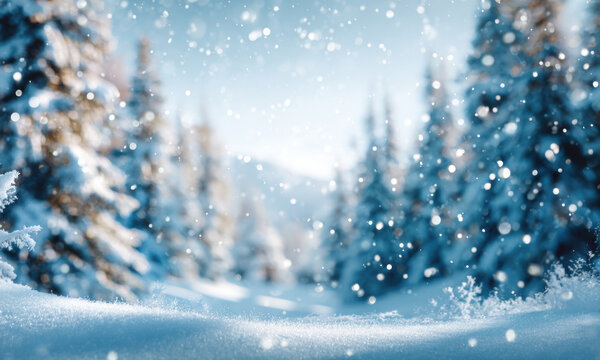 Snowy landscape with soft falling snowflakes, evergreen trees in the background, creating a serene winter atmosphere with a tranquil ambiance and beautiful natural scenery