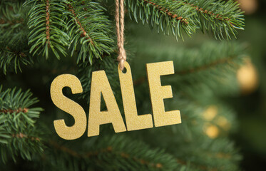 Golden sale tag hanging on a lush green pine tree, surrounded by festive decorations, creating a cheerful holiday atmosphere for seasonal promotions and marketing campaigns