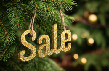 Golden glitter sale sign hanging from evergreen branches, surrounded by soft bokeh lights, creating a festive atmosphere for holiday shopping and promotions