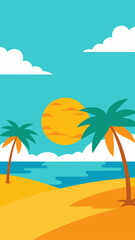 Obraz premium Vibrant tropical beach scene with palm trees and a sunny sky