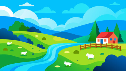 Fototapeta premium Vibrant flat design rural landscape with sheep and a cozy farmhouse