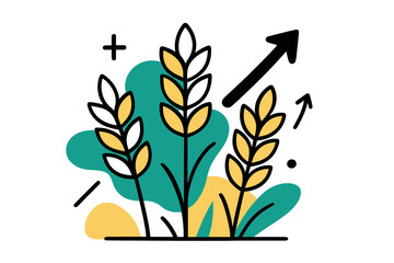 Wheat Growth Abstraction. Wheat Growth. Minimal stalks of wheat sprouting upward, abstract arrows and shapes around symbolizing growth and abundance. Modern