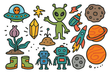 Naklejka premium Colorful Alien Adventure. Aliens. Colorful Hand-drawn doodle Children illustration Flying saucer, green alien, ray gun, antenna, strange plant, glowing