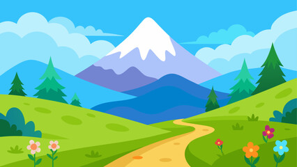 Cartoon landscape with snow capped mountain rolling hills and winding path