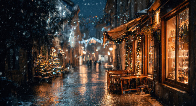 Snowy evening scene in a charming street, illuminated by warm lights from shops and festive decorations, creating a cozy winter atmosphere with reflections on wet pavement