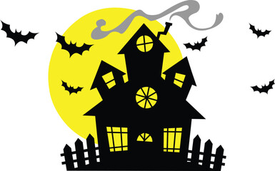 Spooky haunted house silhouette with glowing windows under full yellow moon surrounded by flying bats and ghostly smoke, perfect halloween vector illustration for posters, invitations, decorations or 