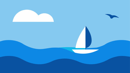 Minimalist sailboat glides across blue ocean waves under a cloudy sky with a bird
