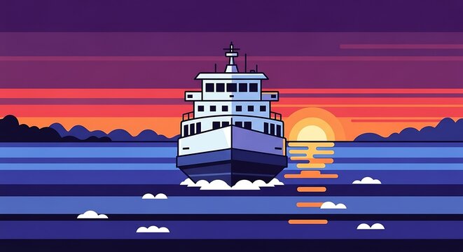 Ferry Sunset Ocean Voyage.