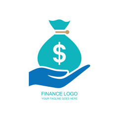 Finance Logo Design with Blue Hand Holding Money Bag and Dollar Sign