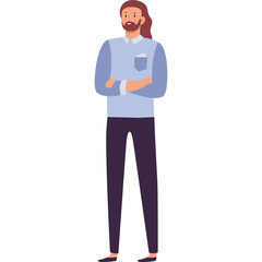 Pixel Art Man Standing Confidently With Arms Crossed Wearing Light Blue Shirt Dark Purple Pants and Dark Shoes On Transparent White Background