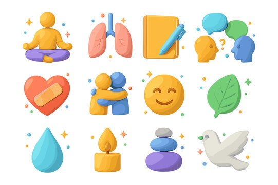 Coping Strategies Icons. Coping strategies. 3D icons set of coping strategies: meditation pose, breathing lungs, notebook with pen, talking heads with speech