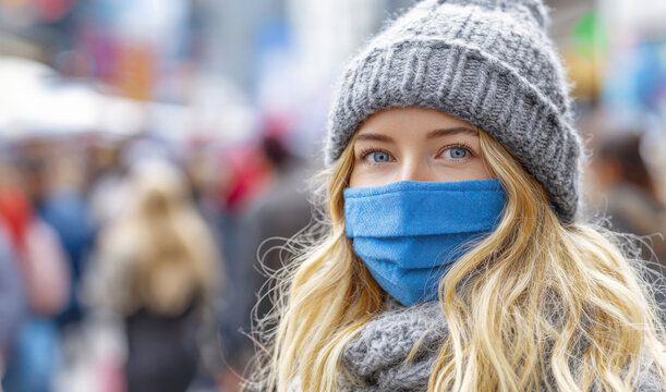 Young woman with blonde hair wearing a gray knitted hat and blue mask stands in a busy urban environment, showcasing a sense of safety and community during challenging times