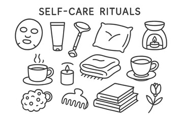 Self-Care Essentials Icons. Self-care rituals. Hand-drawn doodle illustration self-care rituals skincare mask tube, jade roller, relaxing pillow, essential oil