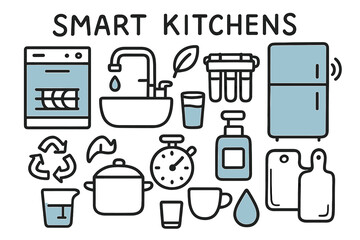 Smart Kitchen Elements. Smart Kitchens. Hand-drawn doodle illustration smart kitchens dishwasher (accented), faucet with drop, sink, water filter (accented),