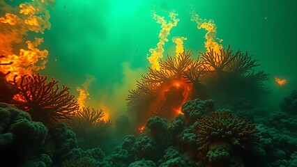 Fototapeta premium A terrifyingly beautiful underwater scene where the coral reef is consumed by an acidic neon-green and orange haze.