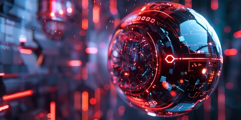 Futuristic glowing sphere with intricate circuits and red digital lights in a dark, abstract environment