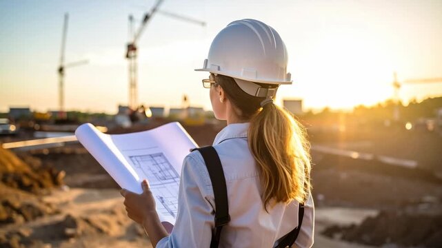 A female engineer in a hard hat holds blueprints while surveying a construction site with cranes at sunset.