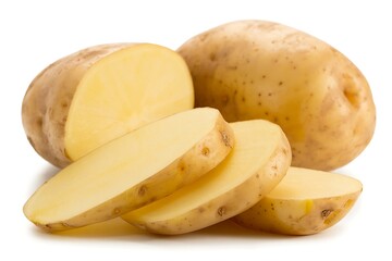 Fresh russet potatoes whole and sliced studio photography macro detail