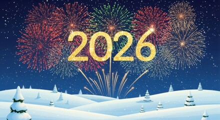 Celebrate new year's eve 2026 with a spectacular fireworks display over snowy landscape