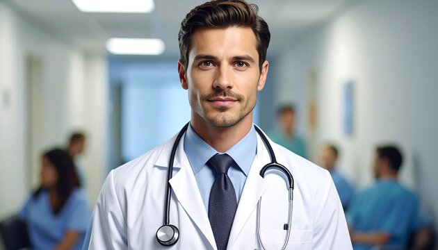 A handsome man in a lab coat and stethoscope poses confidently in a hospital hallway. Other medical personnel are blurred in the background
