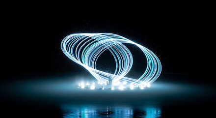 Abstract representation of a glowing, spiraling DNA double helix against a black background.